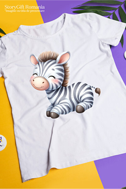 StoryGift Romania Tricou Femei cu o zebra fericita, ilustratie, sta cuminte, natura, jungla, liber WHT_L
