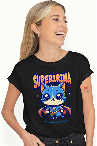 StoryGift Romania Tricou Femei Super Irina, SuperErou, Pisica Zburand, cu imp...