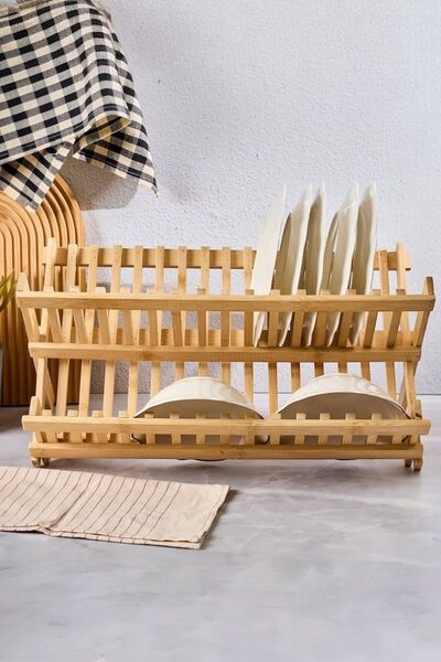 Akkoyunlu home Bambu Bulaşıklık Tabaklık 2 Katlı Katlanabilir Tabaklık Orta B...