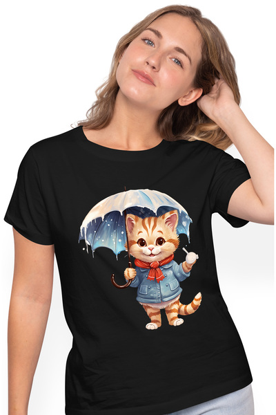 StoryGift Romania Tricou Femei cu o pisica vesela care tine o umbrela deschis...