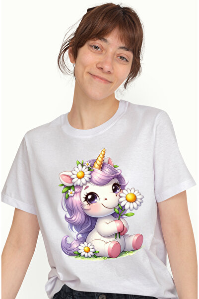 StoryGift Romania Tricou Femei cu un unicorn vesel, ilustratie, imbujorata, coama lunga, floricele WHT_L