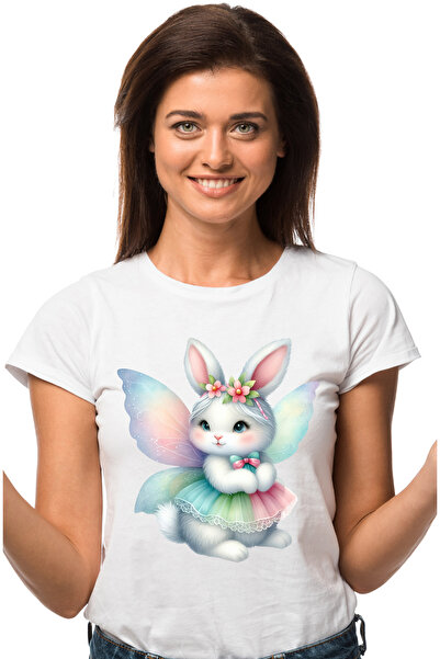 StoryGift Romania Tricou Femei cu o iepuroaica imbujorata, ilustratie, aripi de zana, fusta, vesel WHT_L