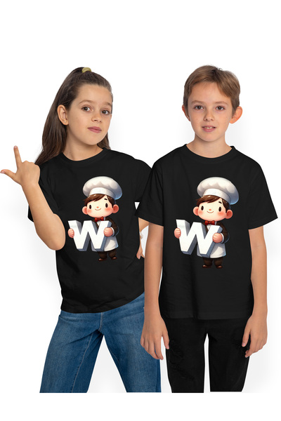 StoryGift Romania Tricou Copii Cu Un Bucatar Care Tine Litera "w", Ilustratie, Ospatar, Scoala, Elevi, Abece