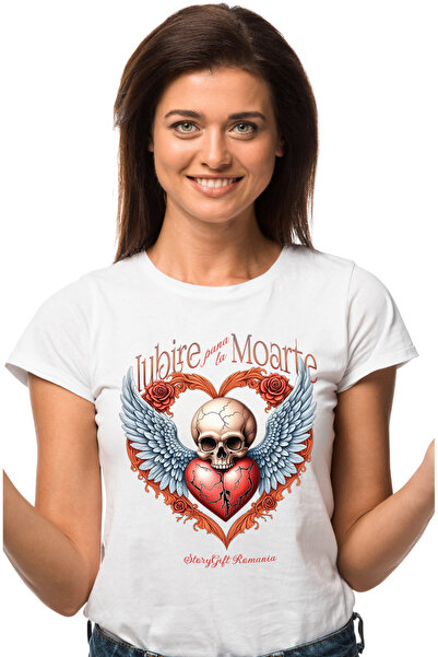 StoryGift Romania Tricou Femei Craniu cu aripi inima franta iubire pana moart...