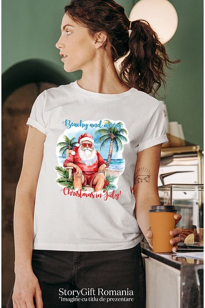 StoryGift Romania Tricou Femei cu mesajul "Beachy and Merry: Christmas in July!", vara, vacanta, r WHT_L