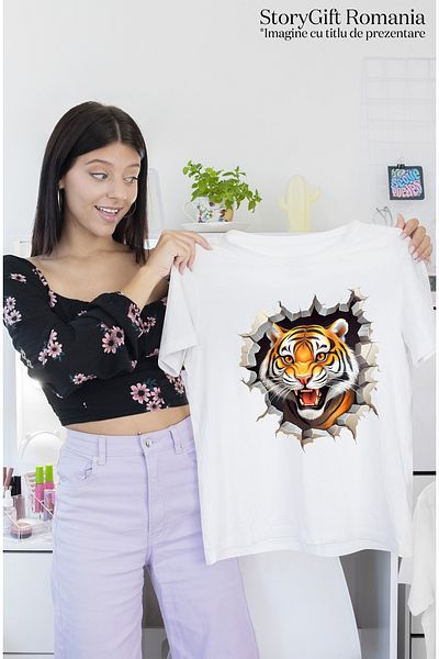 StoryGift Romania Women's T-shirt with an aggressive tiger sticking its head out of a wall, illustration, fu WHT_L