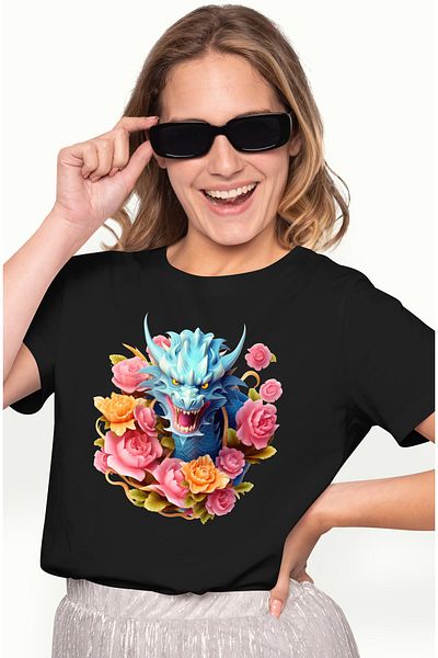 StoryGift Romania Tricou Femei cu un dragon furios, anul dragonului, China, ilustratie, floricele, BLK_L