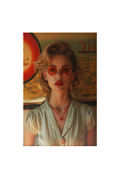 StoryGift Romania Tablou Canvas Tanara Cu Parul Blond Si Buze Rosii Cu Ochelari In Camasa Cu Nasturi Si Lant Cu