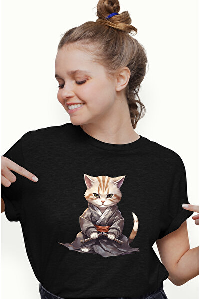 StoryGift Romania Tricou Femei cu o pisicuta samurai, ilustratie, Japonia, tr...