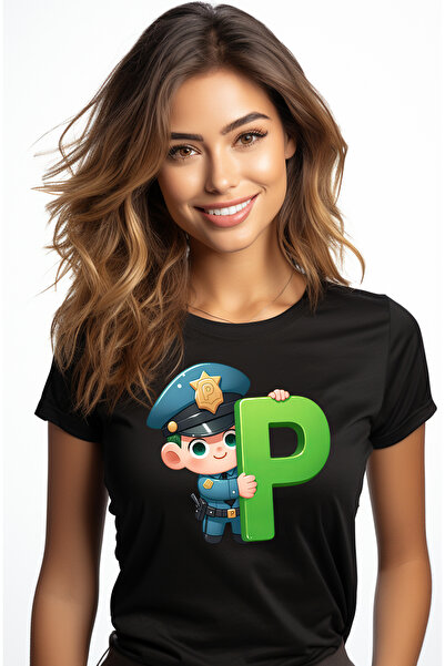 StoryGift Romania Tricou Femei cu un politist care tine litera "P", ilustrati...