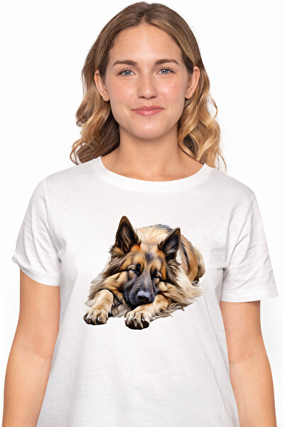 StoryGift Romania Tricou Femei cu un caine lup care doarme, ilustratie, somn, ora de culcare, obos WHT_L