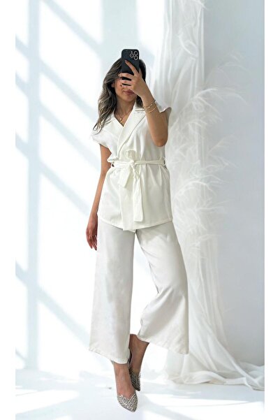 Viskosa Women's White Belted Satin Stylish Suit - Jacket & Pants Set of Two