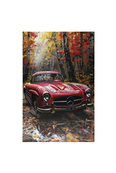 StoryGift Romania Tablou Canvas: Mașina Roșie Împotmolită În Nămolul Din Pădure Arbori Înalți Cu Frunze Uscate Pi