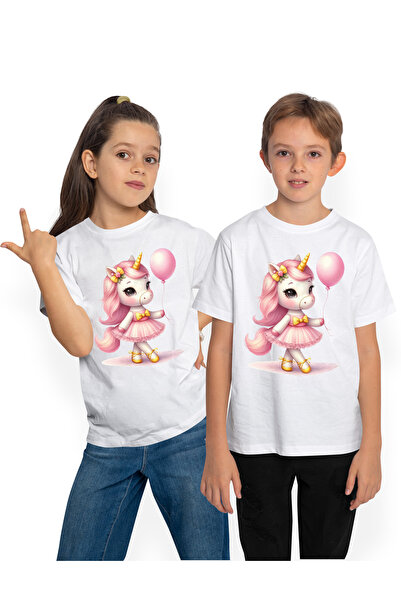 StoryGift Romania Tricou Copii Cu Un Unicorn Care Tine Un Balon Roz, Ilustrat...