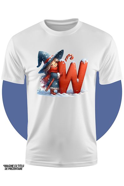 StoryGift Romania Kids T-shirt with a witch holding the letter "W", illustration, staff made of lollipop, and