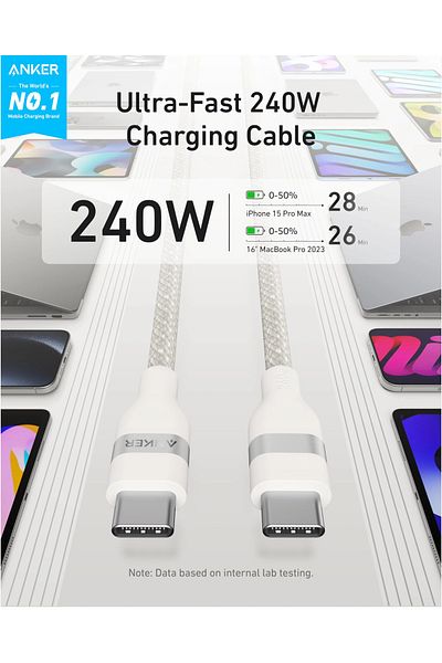 Anker Anker USB-C to USB-C Fabric Fast Charging Cable 240W 3ft White