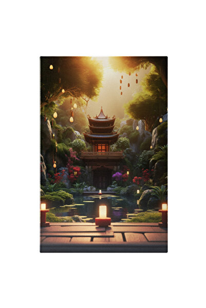 StoryGift Romania Tablou Canvas: Templul Japonez Inconjurat De Flori Cu Lacul In Fata Si Lumanari In Jur Cu Acce