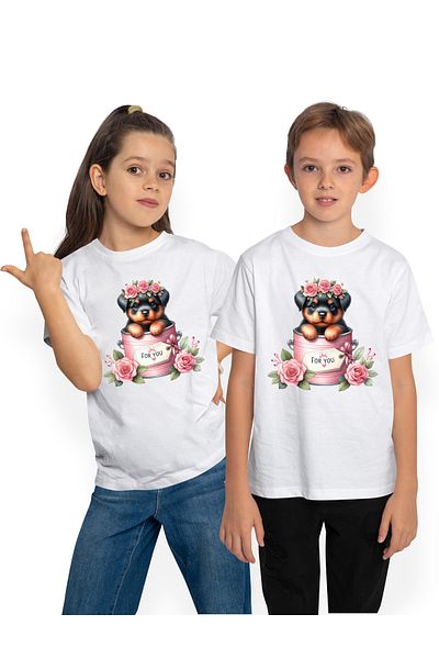 StoryGift Romania Tricou Copii Cu Un Catelus Rottweiler Care Iese Dintr-o Conserva, Ilustratie, Mesajul "for