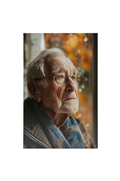 StoryGift Romania Tablou Canvas: Batranel Trist Cu Ochelari De Vedere Si Fular Albastru Se Uita Pe Geam La Copac