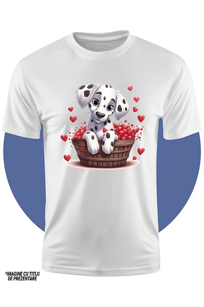 StoryGift Romania Tricou Copii Cu Un Catel Dalmatian Care Sta Intr-o Copaita, Ilustratie, O Multime De Inimi