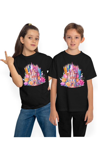 StoryGift Romania Tricou Copii Cu Un Turn, Ilustratie, Flori In Jur, Creioane...