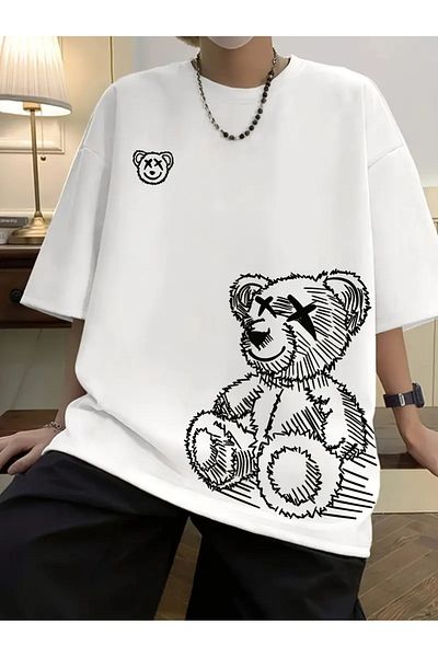 LAND MODA Casual T-Shirt for Women, Cartoon Bear Print, Crew Neck, Short Sleeve, Mesh Fabric,