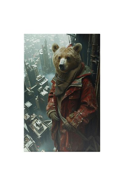 StoryGift Romania Tablou Canvas Ursul În Ținută Roșie La Înalțime Și Orașul Înnecat În Ape Salvarea De Inundație