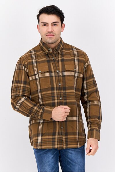 Nautica Men Classic Fit Plaid Long Sleeve Casual Shirt, Brown