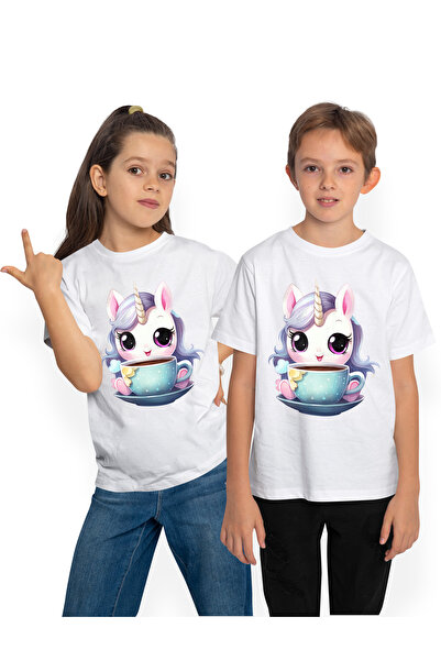 StoryGift Romania Tricou Copii Cu Un Unicorn Care Sta Langa O Ceasca, Ilustra...