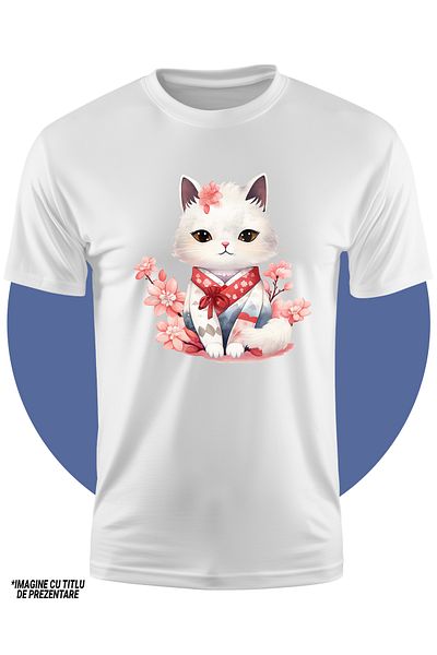 StoryGift Romania Tricou Copii Cu O Pisicuta Care Poarta O Vestimentatie Japoneza, Floricele, Serioasa, Mela