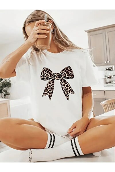 EXPECTED Tricou elegant din bumbac supradimensionat cu panglică leopard pentr...