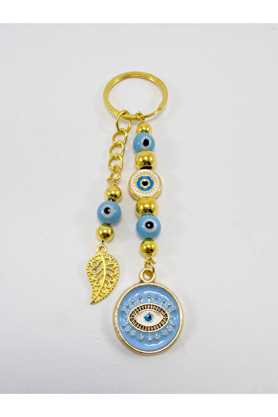biuti Light Blue Glass Evil Eye Beaded Metal Keychain, Handmade Gift Bag Ornament