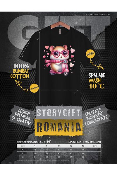 StoryGift Romania Tricou Copii Cu Un Hamster Care Merge Cu Scuterul, Ilustratie, Inimioare, Ochelari, Viteza