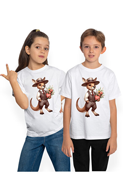 StoryGift Romania Tricou Copii Cu Un Cangur Care Tine Un Buchet Cu Flori Si O...