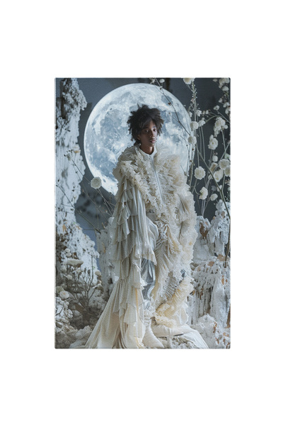 StoryGift Romania Tablou Canvas: Model Masculin În Nuanțe De Alb, Rochie Cu Pluri Și Lună Plină- Contraste Tonal