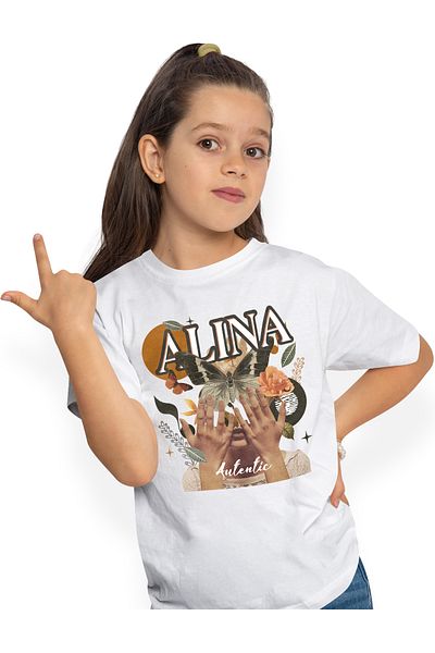 StoryGift Romania Tricou Copii Fete Cu Numele Alina, Colaj Fata, Fluture, Flori, Cerc 100% Bumbac, Unisex, A