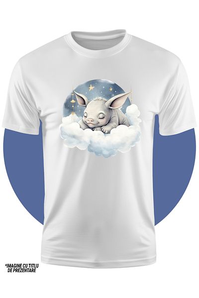 StoryGift Romania Tricou Copii Cu Un Hipopotam Micut Care Doarme, Ilustratie, Stelute, Norisori, Lumea Visel
