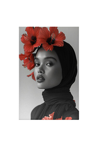 StoryGift Romania Tablou Canvas Domnișoara Arapcă Cu Hijab Înfrumusețat Cu Flori Roșii Portret Modernist , Pictur