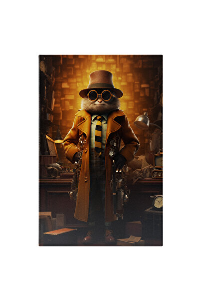 StoryGift Romania Tablou Canvas: Detectivul Animalut Imbracat In Palton Portocaliu Cu Palarie Si Cravata Cu Dung