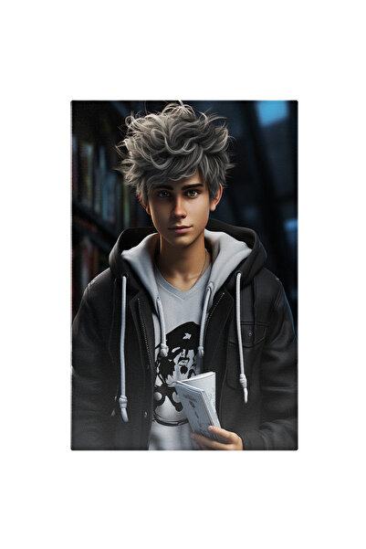 StoryGift Romania Tablou Canvas: Model In Geaca De Piele Si Hanorac Brunet Cu Gri, Biblioteca, Intuneric,moda,