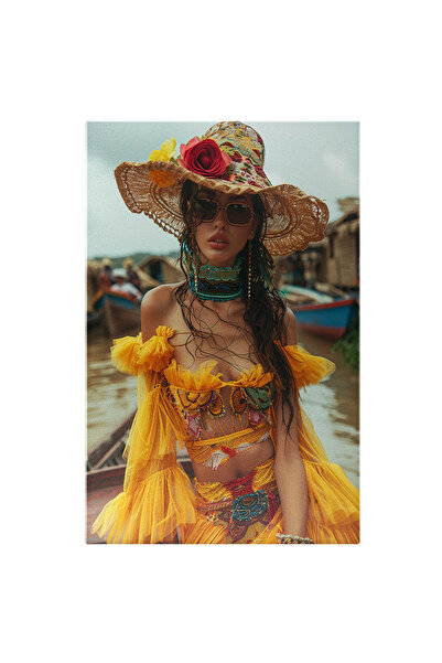 StoryGift Romania Tablou Canvas Călătorie Cu Barca Pe Valuri De Tull Galben - Fată În Galben Pe Un Vârf De Barcă