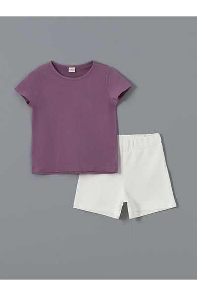 LC Waikiki Lcw Eco Purple Crew Neck Girls T-Shirt and Shorts