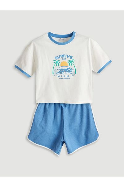 LC Waikiki تي شيرت وسروال قصير للفتيات من LCW Kids Ecru برقبة دائرية