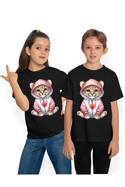 StoryGift Romania Children's T-shirt with a little tiger in a hoodie, illustration, heart, affection, playful, cheerful