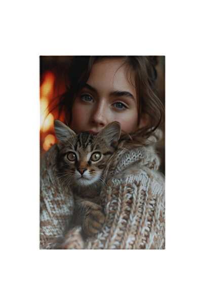 StoryGift Romania Tablou Canvas: Femeia Cu Pisoi În Brațe Pulover Gros Și Căl...