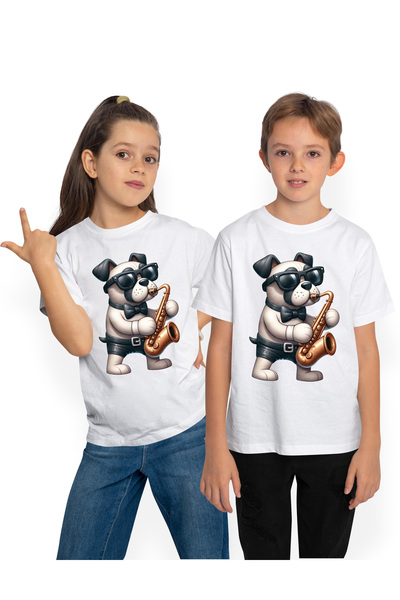 StoryGift Romania Tricou Copii Cu Un Caine Care Canta La Saxofon, Ilustratie,...