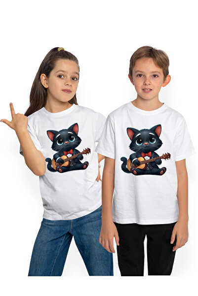 StoryGift Romania Tricou Copii Cu O Pisica Neagra Care Canta La Chitara, Muzi...