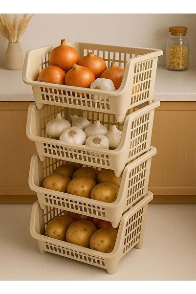 ALMUFARREJ سلة تخزين وتنظيم المطبخ ذات 4 طبقات، لون بيج