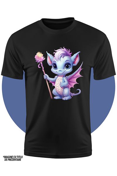 StoryGift Romania Children's T-shirt with a baby dragon holding a staff in its hand, magic, flower, spell, cheerful,