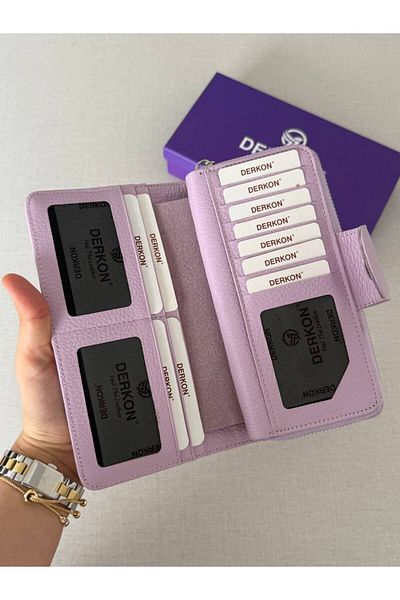 DERKON Genuine Leather Cerny Model Women's Wallet with Plenty of Card Holders Lilac